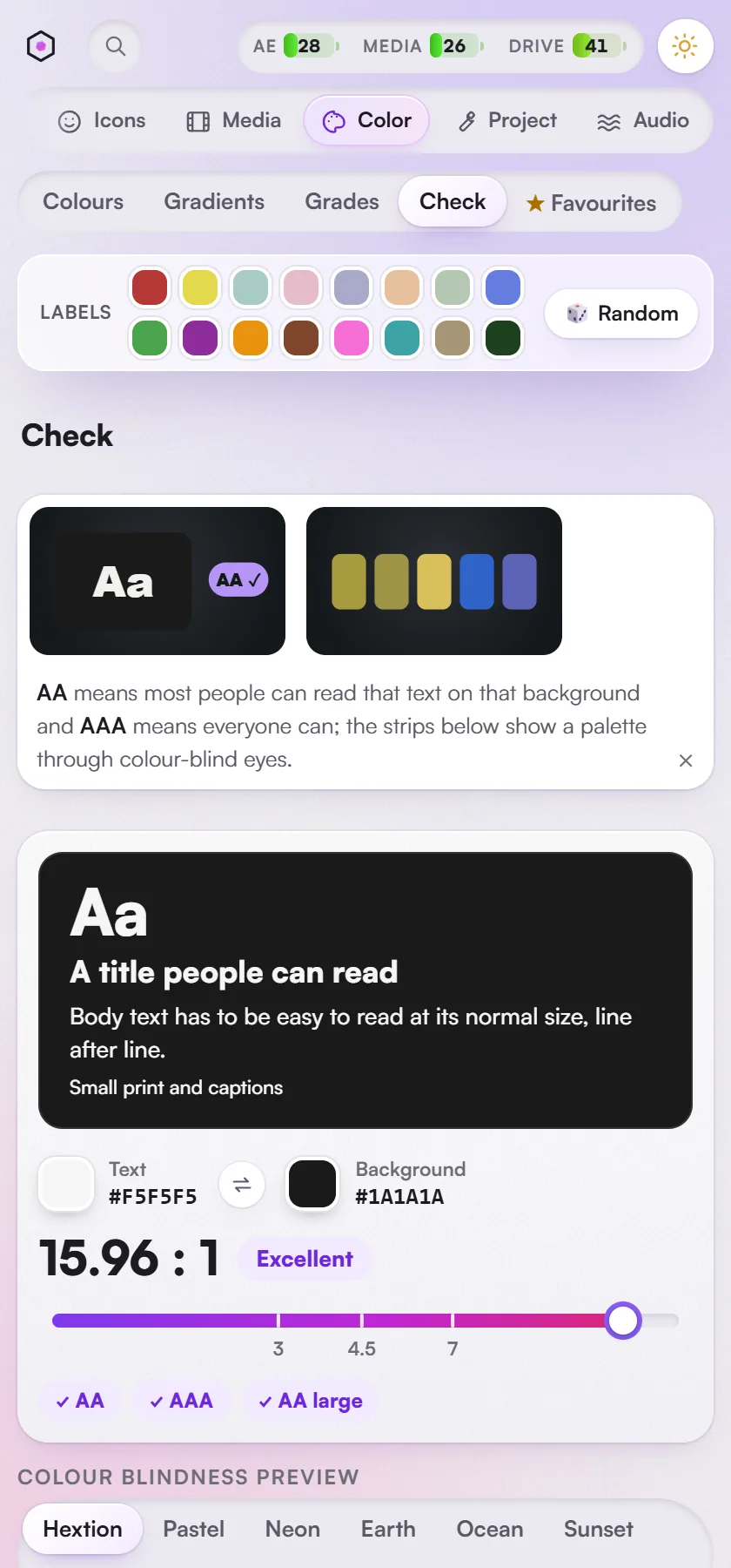 Color > Check: contrast and colour-blindness checks.