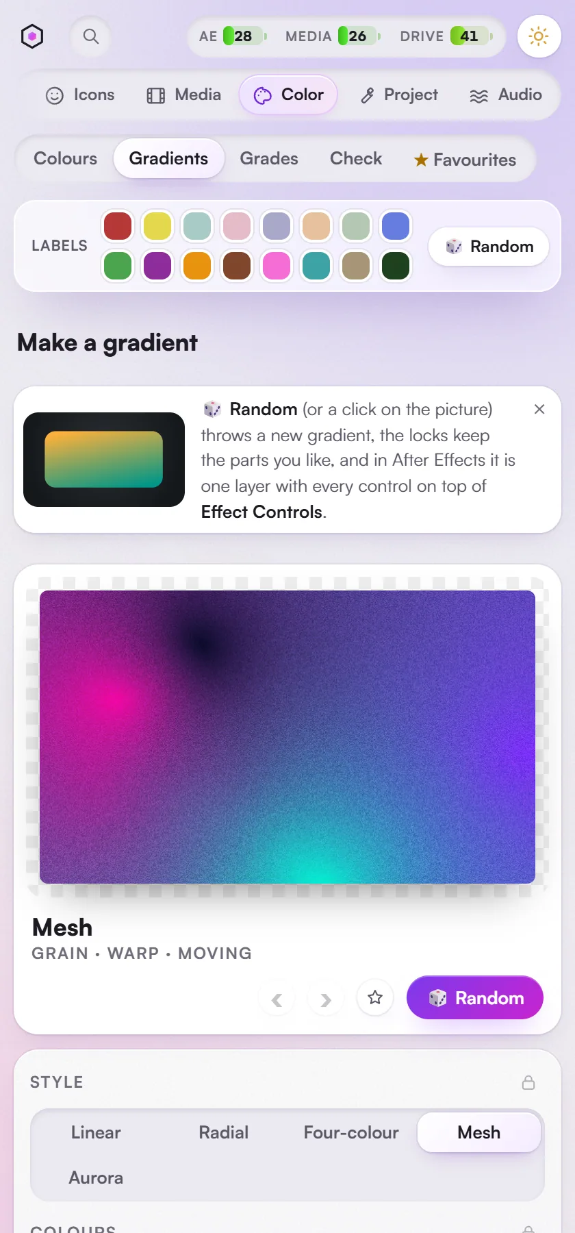 Color > Gradients: random gradients, styles and shape cuts drawn live.