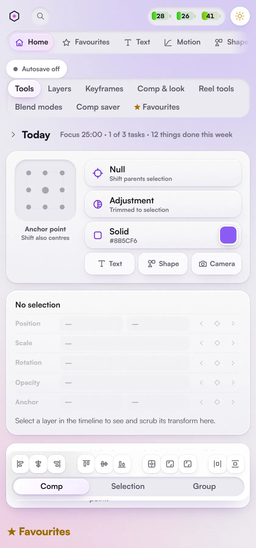 Home: the create row, inspector and quick tools.