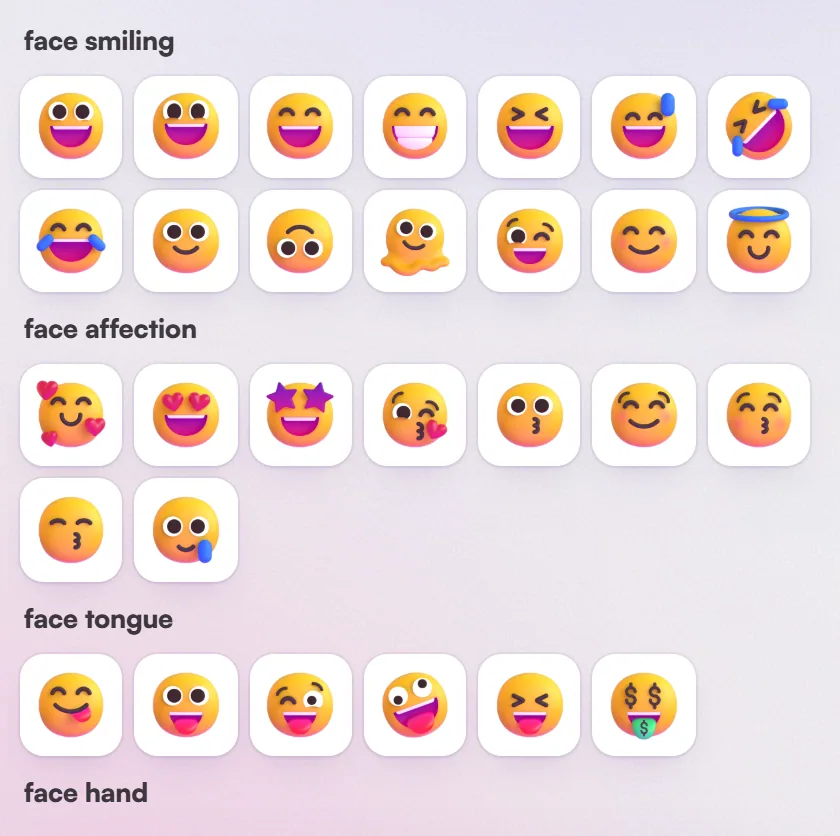 Hextion's 3D emoji grid, grouped by kind.