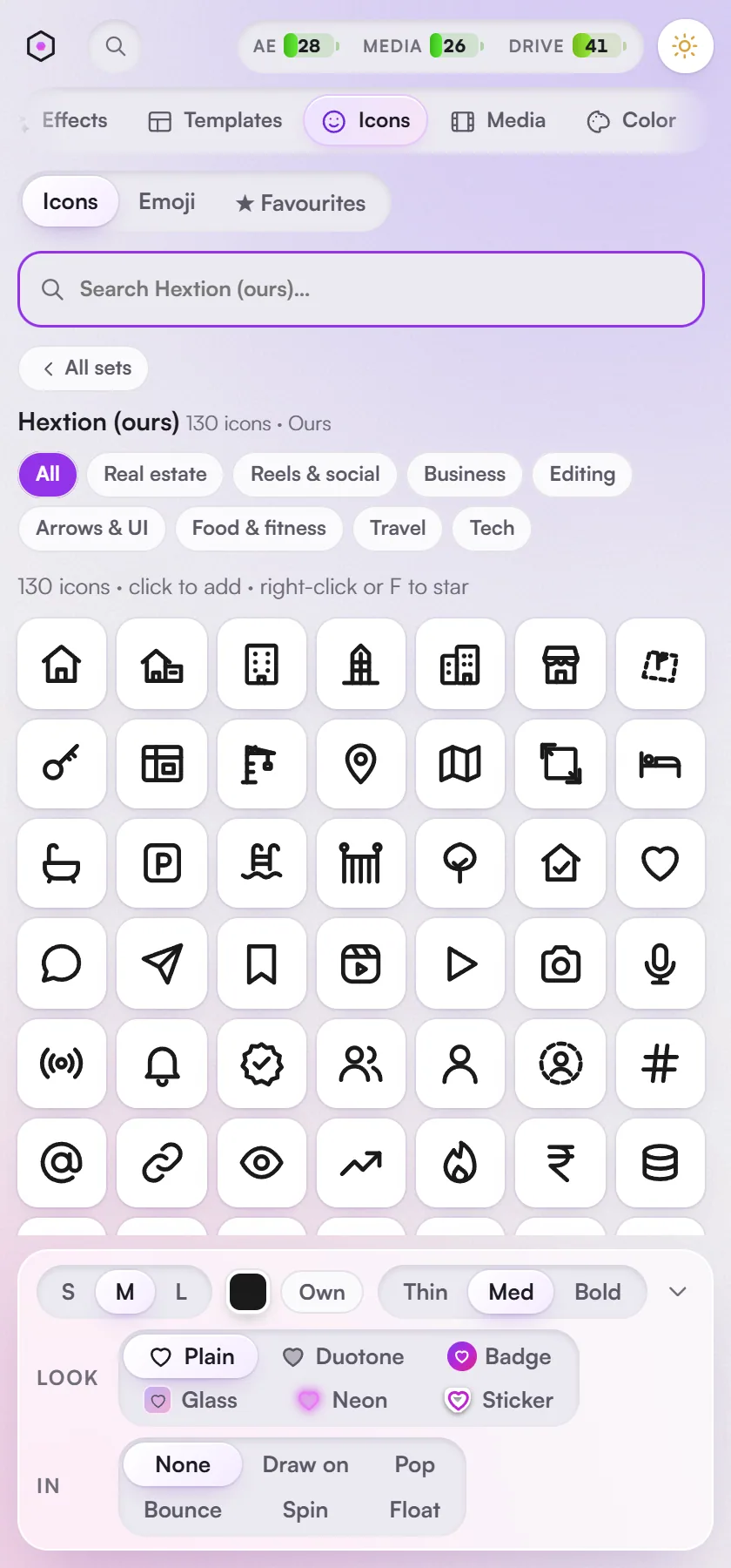 Icons: Hextion's own icon set, ready before the big icon download.