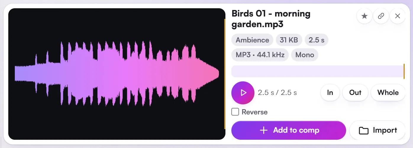Media: one sound open in the preview, with its waveform, length, In, Out and Whole, and Add to comp.
