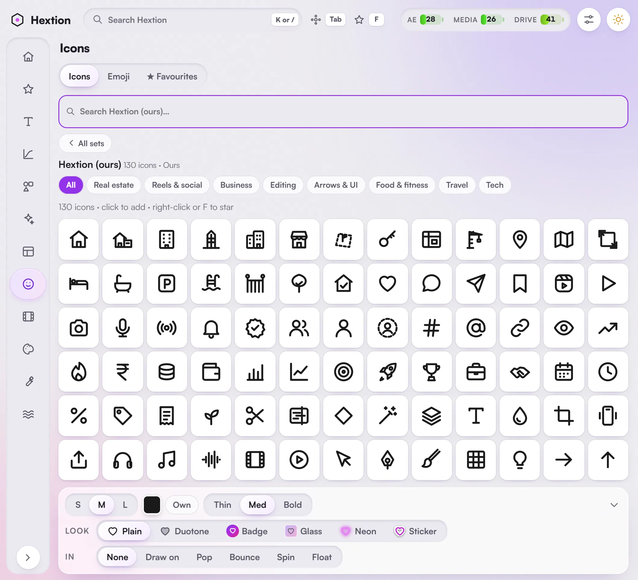 Icons: Hextion's own icon set, ready before the big icon download.