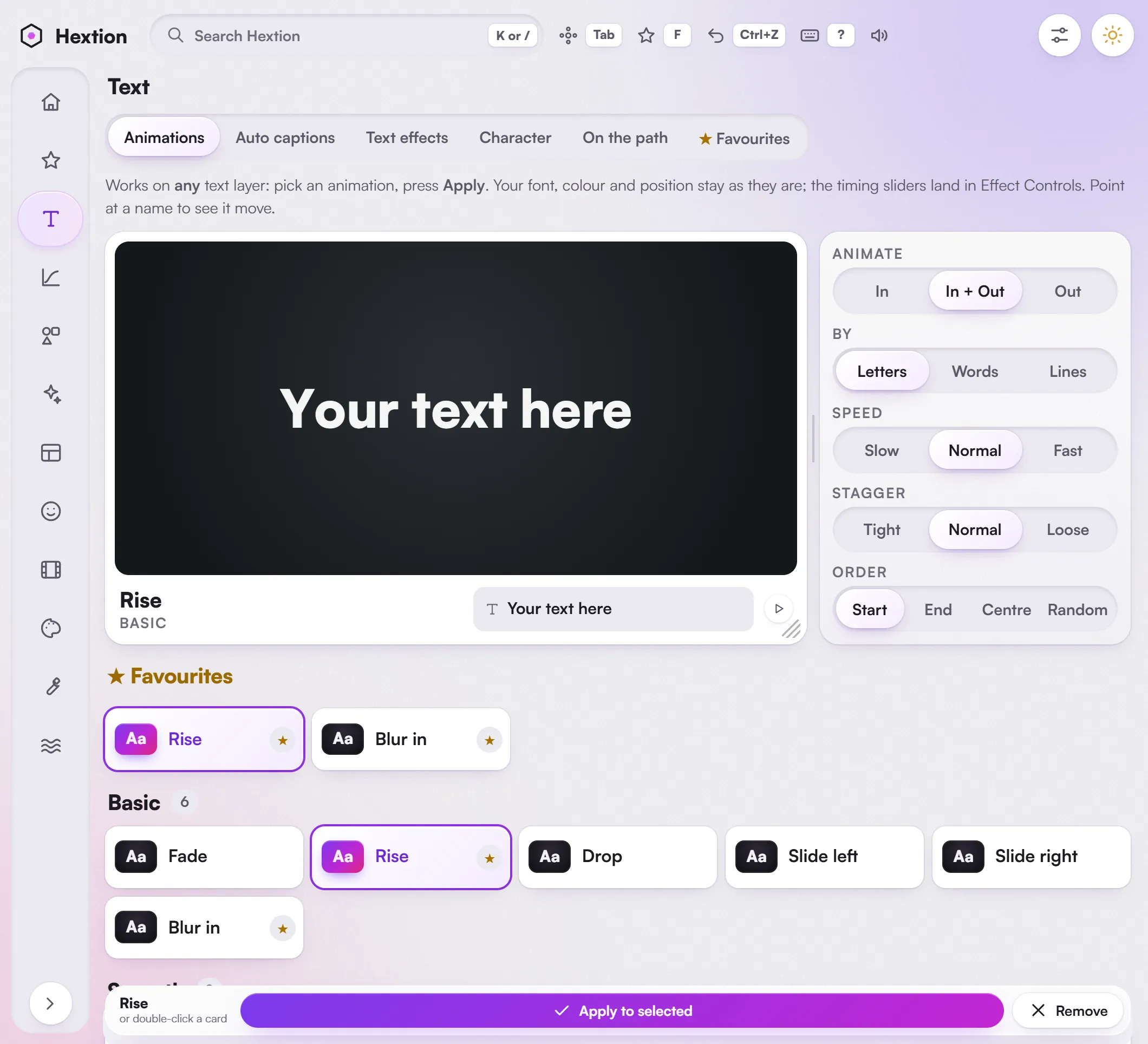 Text > Animations: a big preview of Rise above the In, Out, letters, words and lines options, with the animation tiles below.