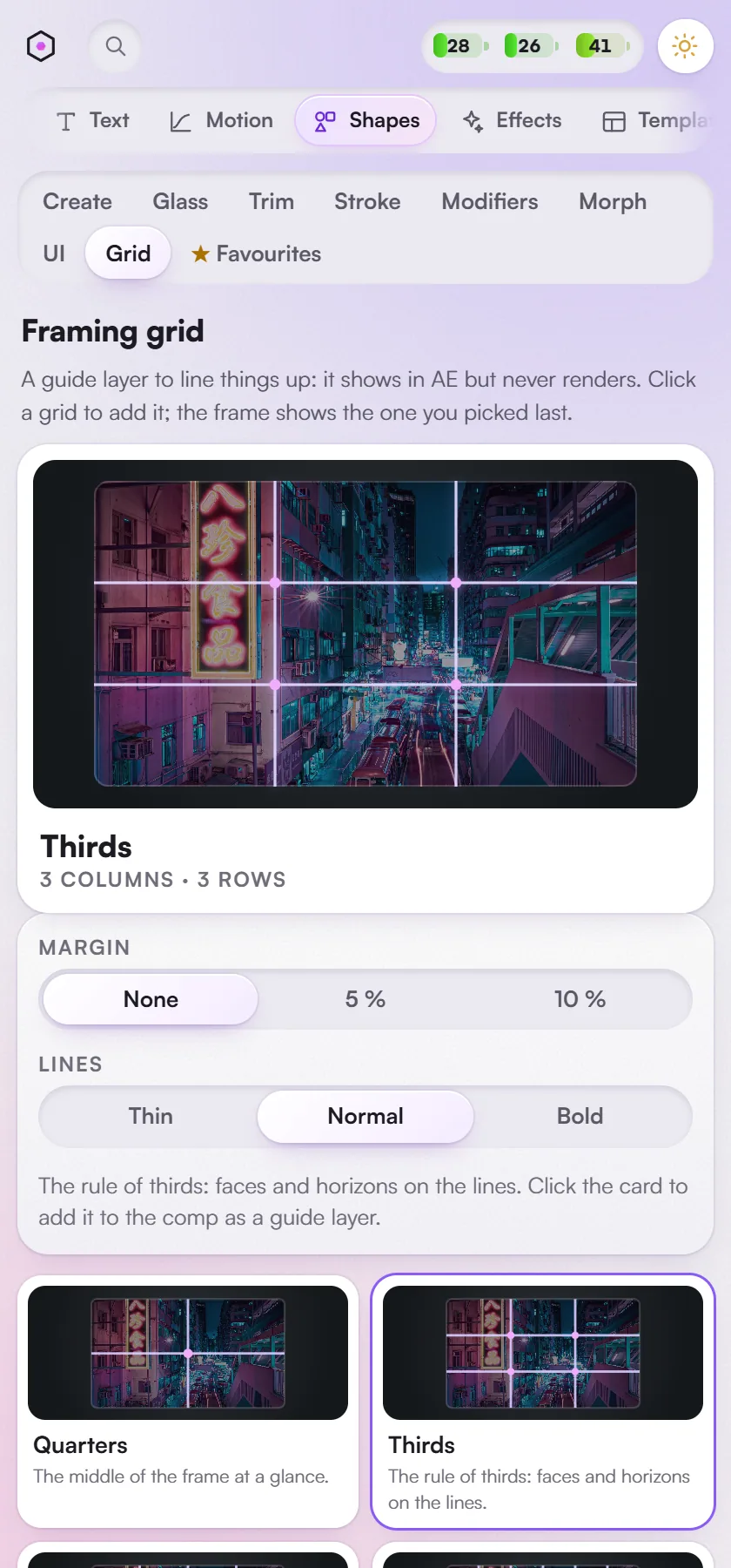 Shapes > Framing grid: five framing layouts.