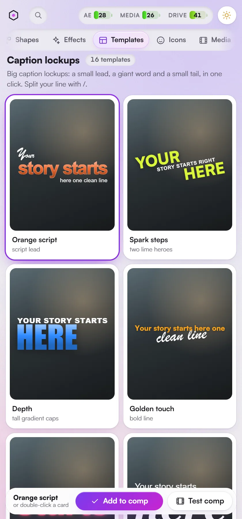 Templates, the Caption lockups shelf: animated text template cards, each on its final frame.