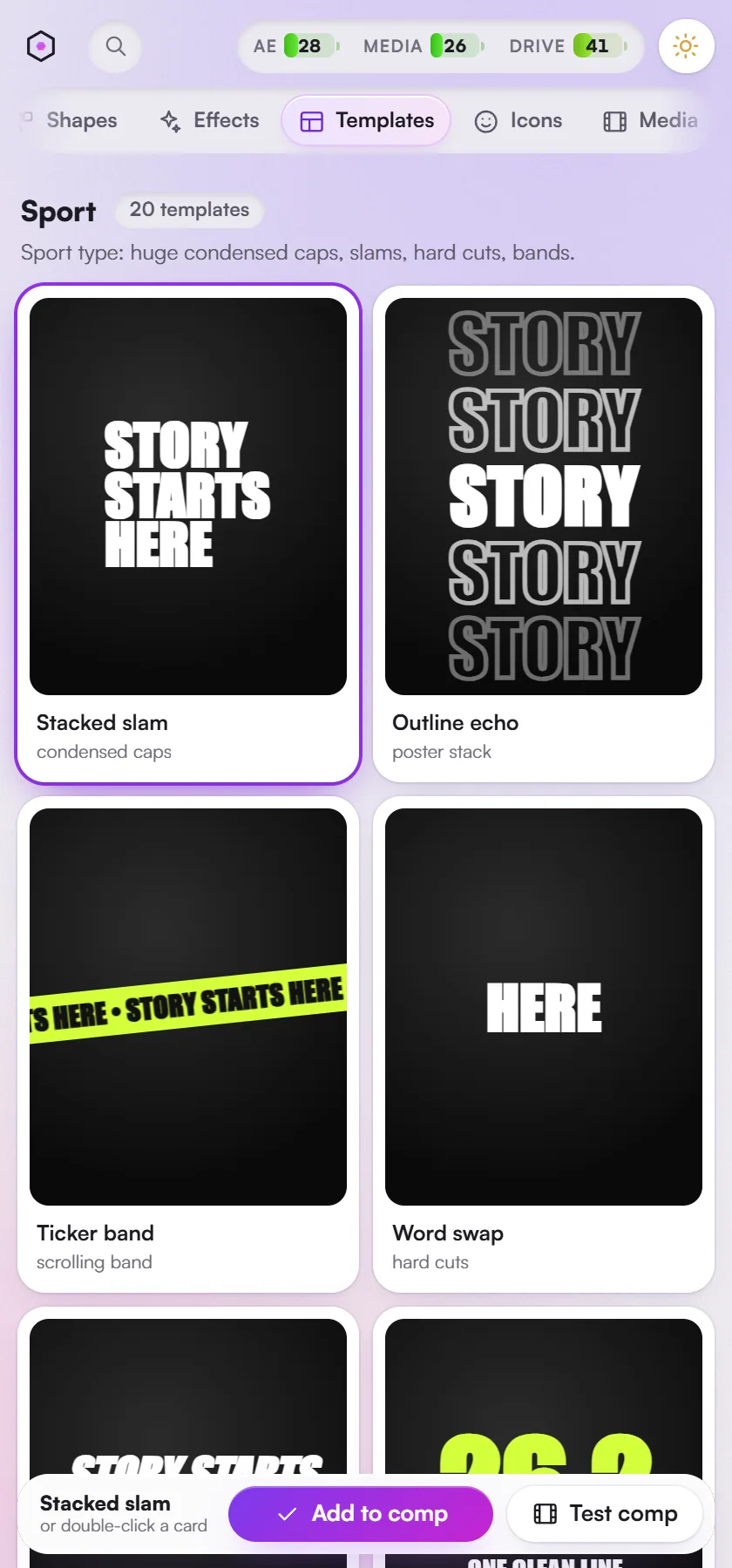 Templates, the Sport shelf: animated text template cards, each on its final frame.